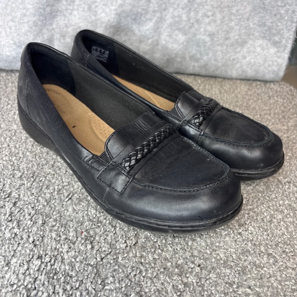 Clarks Shoes - Clarks Loafers Womens 9.5 Black Leather Braided Ultimate Comfort Shoes office‎
